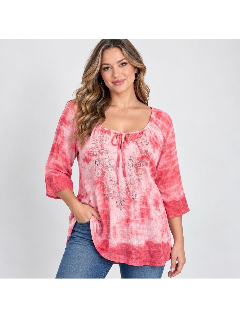 Vintage Y2K Dressbarn XL Pink Tie Dye Tunic Top Embroidered Sequin Boho Gauze